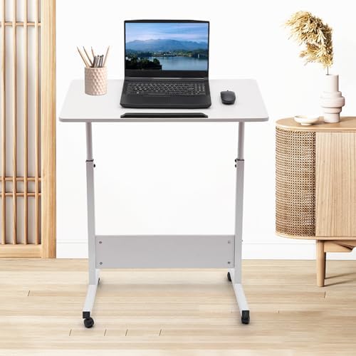 Adjustable Height Standing Desk 32-47", 24"Writable Tempered Glass Desktop with Eraser, Lockable Wheels & Storage Bag, Portable Mobile Sit Stand Laptop Desk for Small Spaces Home Office White