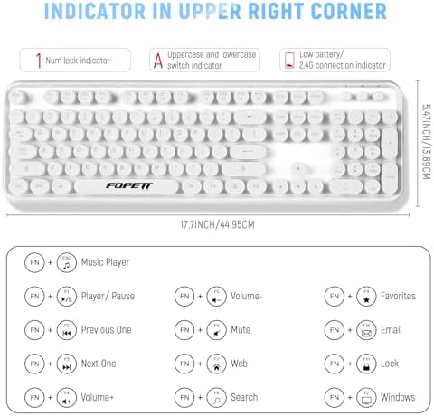 FOPETT Wireless Keyboard and Mouse Combo - 2.4G Full-Sized White Keyboard with Round Keycaps 104 Keys Typewriter Keyboard for Laptop/Windows/PC - White