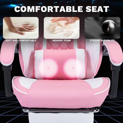 Pink Ergonomic Gaming Chair for Adults with Footrest and Massage