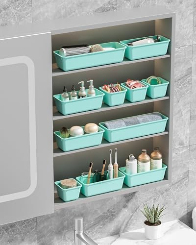 Canfanni 13 Pack Plastic Drawer Organizers Set, 3 Sizes Desk Drawer Organizer Trays for Vanity and Makeup Organizer, Organization and Storage for Makeup, Kitchen Utensils, Bathroom and Office(Blue)