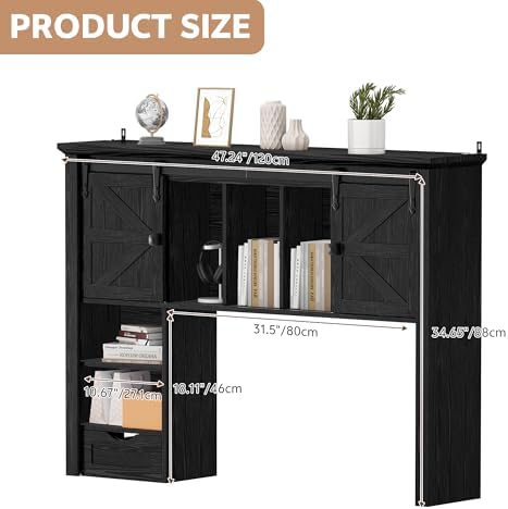Large Desktop Bookshelf, 47.2" Desk Shelf with Sliding Barn Door