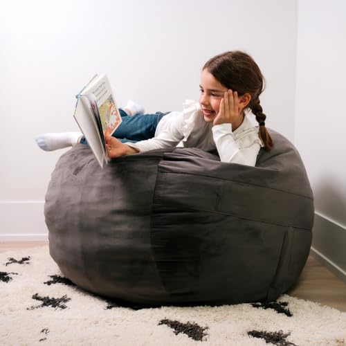 Big Joe Fuf 3.5Ft Foam Bean Bag Chair for Kids, Teens, Teddy Gray Plush Soft Polyester, 3.5 Foot Large Ultra-Soft Seat for Gaming, Bedroom, Reading Nook