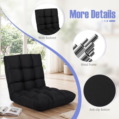 Giantex Adjustable Floor Gaming Sofa Chair 14-Position Cushioned Folding Lazy Recliner High Resilience Sponge, Breathable Cotton & Linen Fabric Sleeper Bed Couch Recliner (Black)
