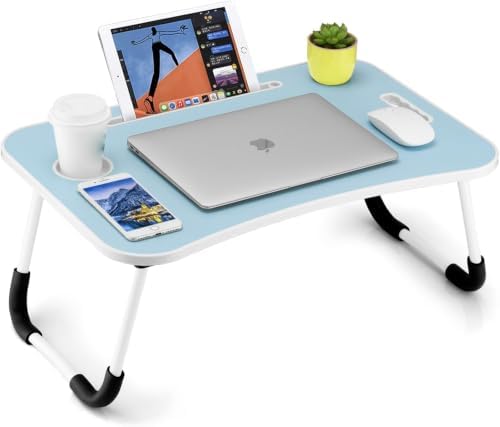 FISYOD Foldable Laptop Table, Portable Lap Desk Bed Table Tray, Laptop Stand with Cup Holder & Tablet Slot & Lifting Handle for Working Writing Drawing & Eating (Blue)