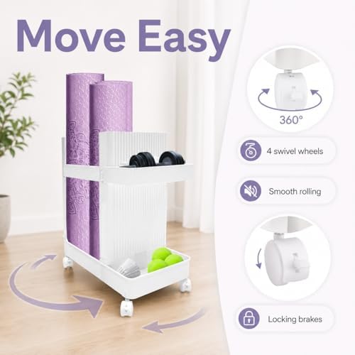 Home Gym Storage,2 Tiers Workout Equipment Organizer with Wheels Workout Equipment Storage Organizer Yoga Mat Storage Racks Home Gym Storage Rack for Yoga Mats, Foam Roller, Dumbbells