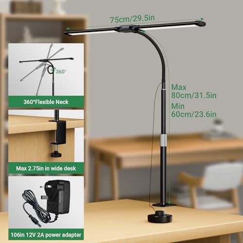 LED Desk Lamp with Clamp, 23.5-31.5 Inches, Black