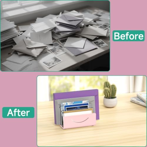 Mail Organizer Envelope Holder - 3 Compartments Pink Acrylic Mail Holder Countertop Home Office Desk Organizer Small File Sorter Vertical Bill Letter Paper Document Storage Rack