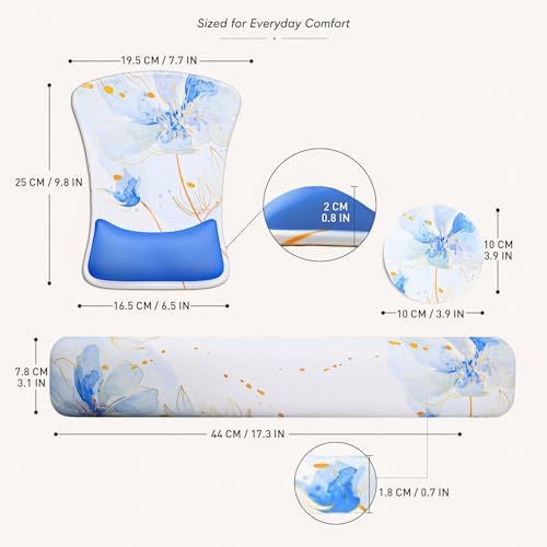 Gel Mouse Pad & Memory Foam Keyboard Wrist Rest Set, Blue Floral