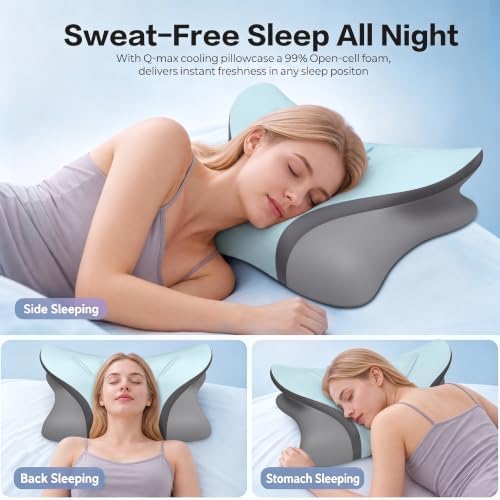 Pain Relief Cervical Neck Pillow, Ergonomic Contour | Q-Max Cooling | Non-Temperature Memory Foam | Side/Back/Stomach Sleeper Support for Sleeping, Reading, Scrolling (Blue & Dark Grey)