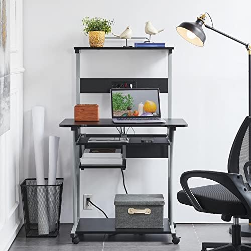Yaheetech Small 3-Tier Rolling Computer Desk, Power Outlet, Black