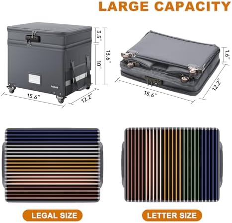DocSafe Fireproof Document Box with Lock,2-Layer File Box with Wheels,Collapsible File Storage Organizer with Pockets,Large Portable Office Filing Cabinet for Hanging Folders,Gray,16''x13.8''x12.2''