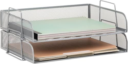 Mind Reader Stackable Paper Tray, Desktop Organizer, File Storage, Office, Metal Mesh, 13.25" L x 9.75" W x 6.25" H, 2 Pcs., Silver (Pack of 8)
