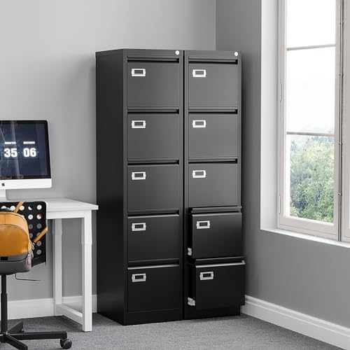 BYNSOE 5 Drawer File Cabinet with Lock Metal Vertical File Cabinet Office Home Vertical File Cabinet for A4 Legal/Letter Size Narrow File Cabinet Locked,Assembly Required