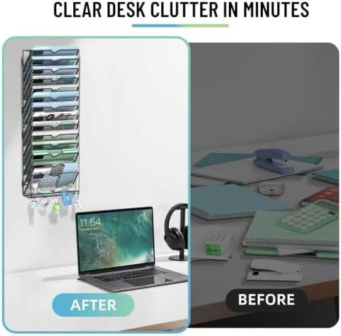SUPEASY 15-Tier Wall File Organizer with Hooks, Wall Mounted Mail Organizer