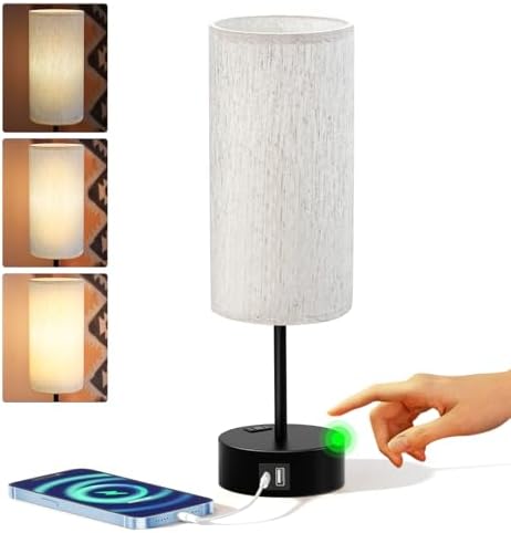 KPQ Bedside Lamp Touch Control Table Lamp with USB A+C Charging Ports & AC Outlet 3-Way Dimmable Nightstand Lamp with Linen Fabric Shade (Beige Shade-Black Base, 14" Small Size Touch Control)