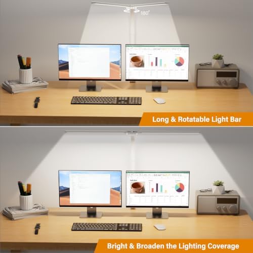 SIBRILLE LED Desk Lamp for Home Office - Dimmable Computer Desk Light with Clamp, Modern Architect Task Lamp with Color Changing, Flexible Desktop Lamp with Gooseneck for Monitor, Double Head, White