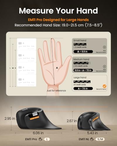 ProtoArc EM11 Pro Ergonomic Mouse for Large Hands, Side Scroll, Black