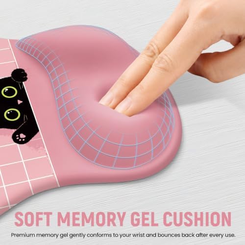 Ergonomic Mouse Pad with Wrist Rest, Gel Wrist Support, Pink Cat