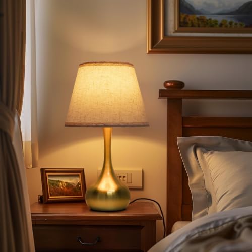 ONEWISH Touch Table Lamp for Bedroom, 3-Way Dimmable Gold Bedside Lamps for Nightstand with Fabric Shade,17.32'' Desk Lamp for Kids Reading, Home Office