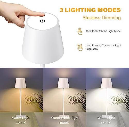CHLORANTHUS 2 Pack Cordless Table Lamps, 3 Colors Stepless Dimming, 5000mAh Rechargeable Battery LED Desk Lamp for Bedroom/Couple Dinner/Desk/Cafe/Dining Room/Terrace