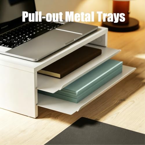 Fenge 14.3-Inch Monitor Stand with Slide-Out Trays, Wood & Metal Desk Shelf