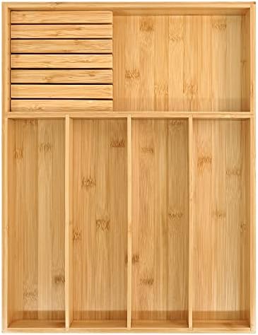 VaeFae Bamboo Silverware Drawer Organizer, 5 Slots, Natural