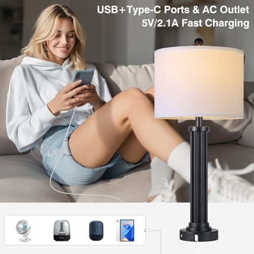 28" Tall Modern Table Lamps Set of 2 with USB C+A Ports and AC Outlet, 3 Way Touch Metal Bedside Lamps for Bedroom, Black Nightstand Lamps for Living Room