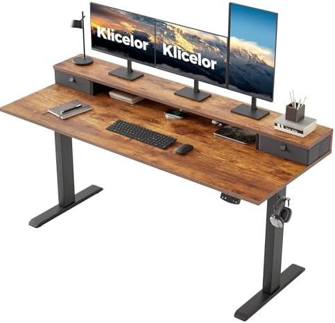Klicelor 63 x24 Inch Electric Standing Desk with Drawers, Adjustable Height Small Sit Stand Desk for Home Office, Compact Computer Workstation with Storage– Rustic Brown
