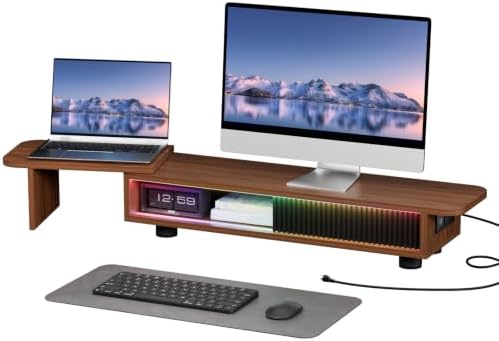 Artswish Dual Monitor Stand with Power Outlet, Brown Desk Monitor Riser