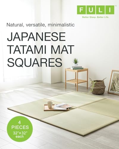FULI Japanese Square Tatami Mat, 32x32x0.6 in, Natural, 4 Pieces, Igusa