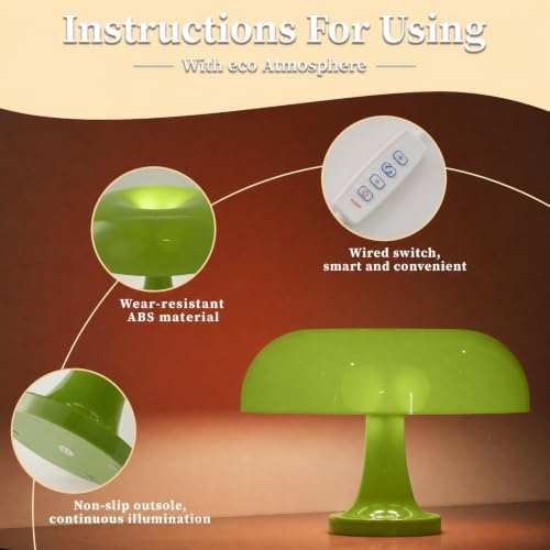 Modern Decorative Table Lamp, Mushroom Cap Design, USB Powered, 3 Lighting Modes, Dimmable, for Bedroom, Living Room Decor, Polished Plastic, Push Button Control, Adjustable Brightness - Green