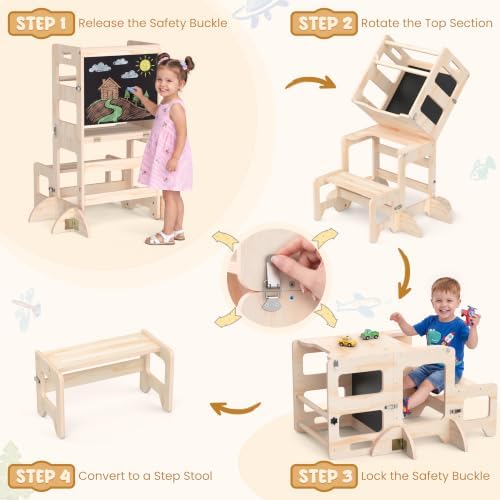 Toddler Kitchen Step Stool, 4-in-1 Foldable Standing Tower with Blackboard, Anti-Tip Learning Tower for Kitchen Counter & Bathroom Sink, Kitchen Helper Stool for Kids, 1-3 Year Old Boy Girl Gifts