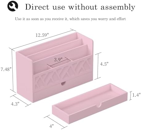 Wisuce Bamboo Mail Organizer with Drawer, Countertop Desk Organizer (Pink)