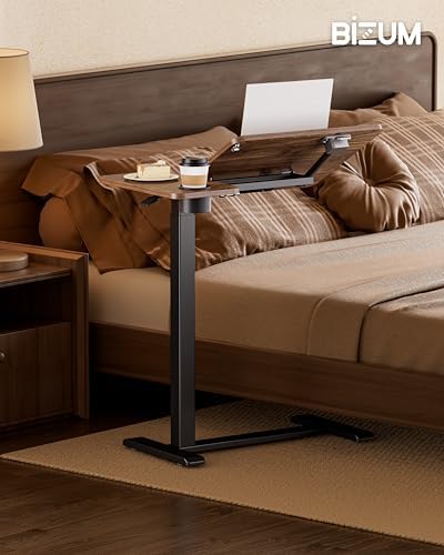 BZIUM Overbed Bedside Table with Hidden Wheels, Adjustable Medical Tilt Top Hospital Bed Table Over The Bed, Rolling Desk Mobile Standing Desk (31.5x15.8, Walnut)