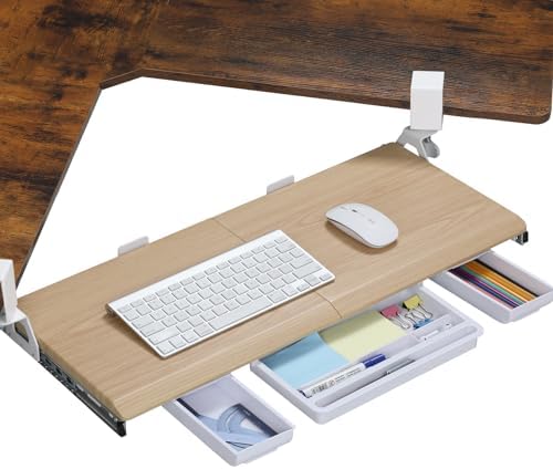 ETHU Corner Keyboard Tray Under Desk with Metal Rail, 26.8x11.8", Oak