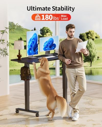 Okin Standing Desk Electric Adjustable Computer Whole Piece Stand up Desk with Wheels Office Gaming Home Office Memory Desks 48x24 inches Black