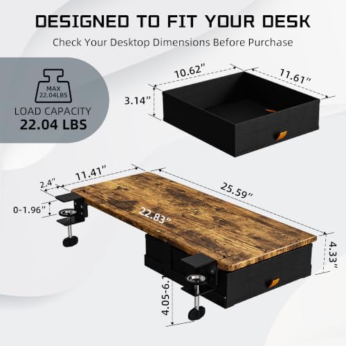 ETHU Desk Extender Tray with Storage Drawer, 25.6x11.4, Walnut