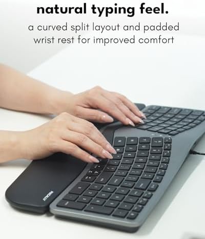 Macally Wired Ergonomic Keyboard for Mac - USB Hub, Backlit Keys, Dual USB C + A Plug, Split Design, Padded Wrist Cushion - Compatible Apple Keyboard for MacBook Pro/Air, iMac, iPad - Space Gray