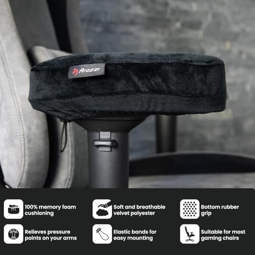 Arozzi Memory Foam Armrest Pads for Gaming Chair with Adjustable Band, Home Office Chair Arm Pads, Ergonomic Memory Foam Pad (Black, Set of 2)