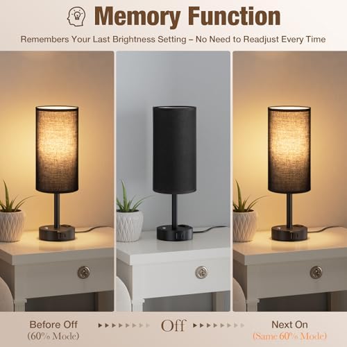 Black Touch Bedside Lamp for Bedroom, Stepless Dimmable, USB A+C, AC Outlet