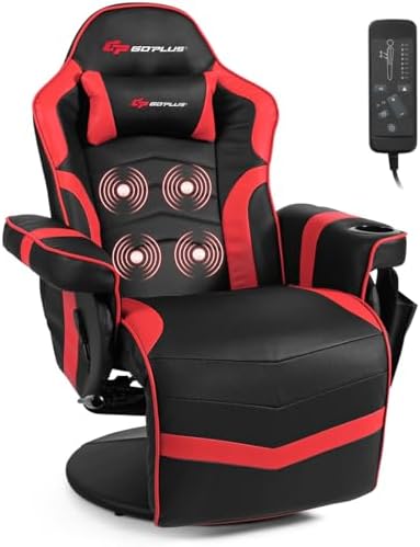Goplus Massage Gaming Chair, Racing Style Gaming Recliner w/Adjustable Backrest and Footrest, Ergonomic High Back PU Leather Computer Office Chair Swivel Game Chair w/Cup Holder and Side Pouch