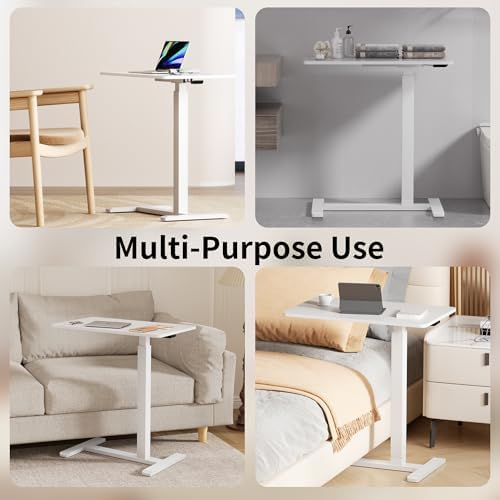 CROWNFURN Overbed Bedside Table with Wheels,Height Adjustable Bedside Table for Recliner,Rolling Standing Desk for Home Hospital,White