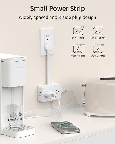 Flat Plug Extension Cord, 4AC&2A2C, 0.5FT Short Power Strip for Travel