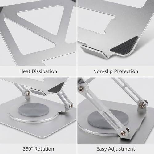 360 Rotating Aluminum Laptop Stand, Adjustable & Foldable Ergonomic Computer Stand, Compatible with MacBook, iPad, Dell, HP up to 16 Inches for Home & Office, Silver