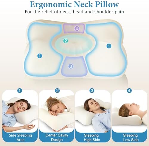 Cervical Pillow for Neck Pain Relief - Contour Memory Foam Pillow for Side and Back Sleepers, Dual Height 4.7" and 3.2" Ergonomic Orthopedic Neck Pillow, Medium-Firm Cervical Spine Support
