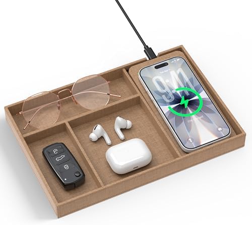 Valet Tray with Wireless Charger, Nightstand Organizer & Catchall Tray for Phone, Keys, Glasses and Accessories, Premium Linen, Stylish Desk & Bedside Storage Station