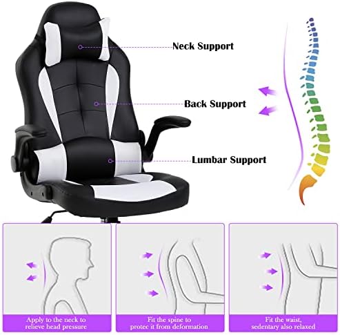 White Gaming Chair, PU Leather Comfy Office Chair for Adults, Ergonomic Desk Chair Computer Chair with Flip Up Arms, Height & Backrest Adjustable, 300 Lbs