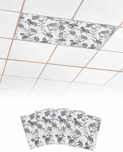 Black Grey Magnetic Fluorescent Light Covers for Ceiling Lights 2 x 4 Feet,Spring Modern Herb Flower Floral Plant Office Classroom Kitchen Drop Ceiling Light Covers Lighting Filters Shade 4 Packs