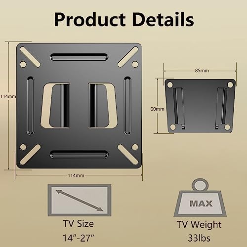 Nuyoah Monitor Wall Mount for 14”-27” TVs LED LCD Flat Screen, Small TV Mount for Computer Monitors, RV TV Mount Camper Fixed Low Profile with 100x100mm VESA Mount, Hold up 33lbs (Pack of 2)