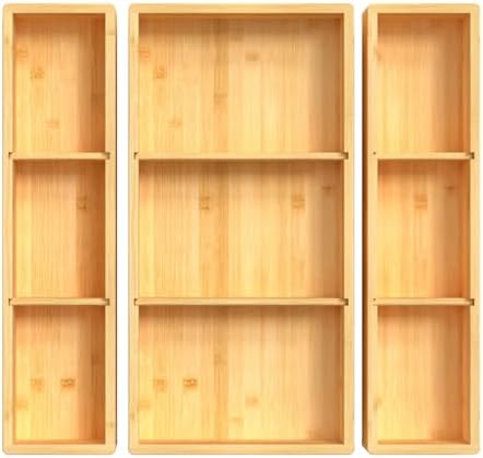 DUJEN Bamboo Drawer Organizer 12.5'' X 12.5'' X 2'', Adjustable 3 Individual Junk Drawer organizer for Bathroom and Kitchen, Wood Drawer Tea Organier Boxes for Silverware, Make up and Tea Bag